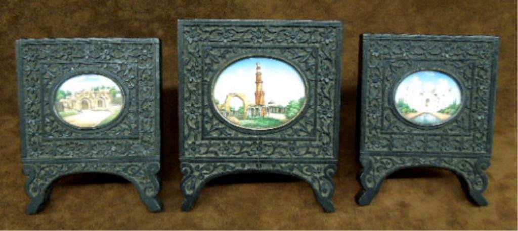 3 Watercolors on Ivory of India Historical Sites: Three watercolors on ivory of India Historical sites in floral relief carved ebony frames with brass supports, original paper label "Fakir Chand and Raughnath Das, Deli-India" 19th / 20th c. 3 7/8" x