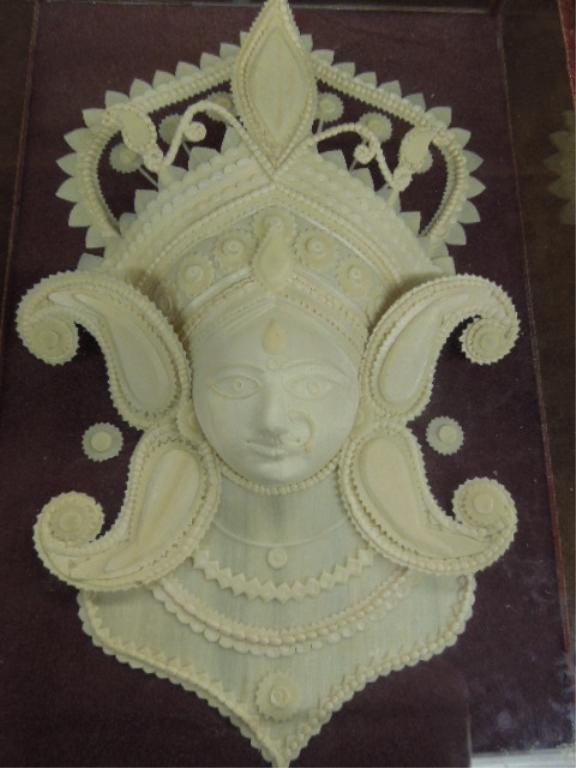 Indian Blanched Goddess Mask in Shadow Box: Indian blanched thin wood applique decorated Hindu Goddess mask in glass shadow box. 11 3/4" x 7 7/8" x 2 1/8", early to mid 20th c. NO INTERNATIONAL OR CALIFORNIA SHIPPING. CONDITION: No issues ident