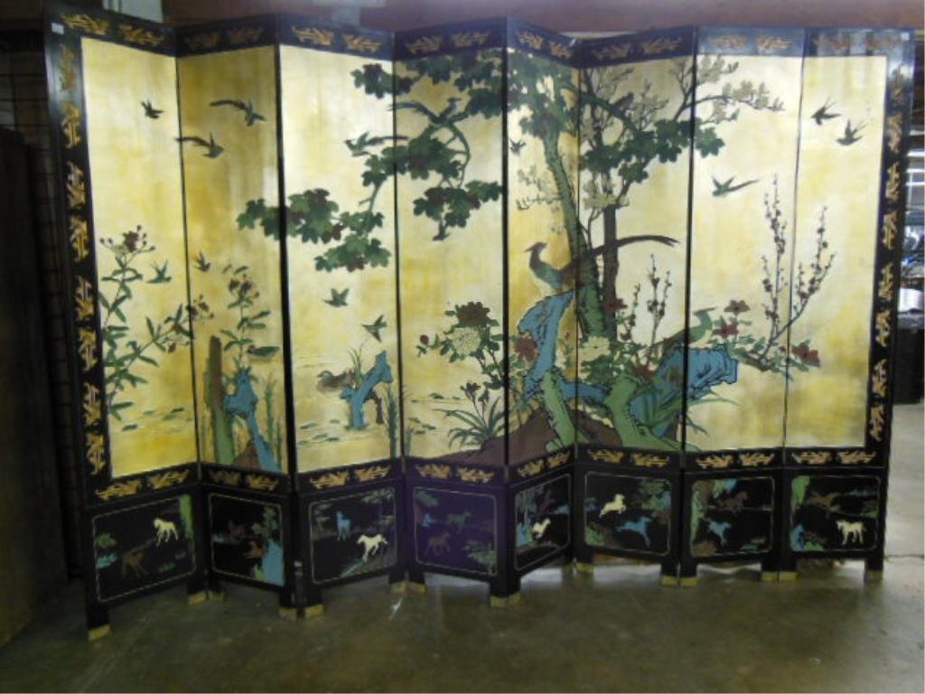 Chinese Coromandel Screen: Chinese Coromandel screen, relief carved and lacquered, eight parts, late 20th C. 128" length, 84" height. CONDITION: Areas of finish losses.