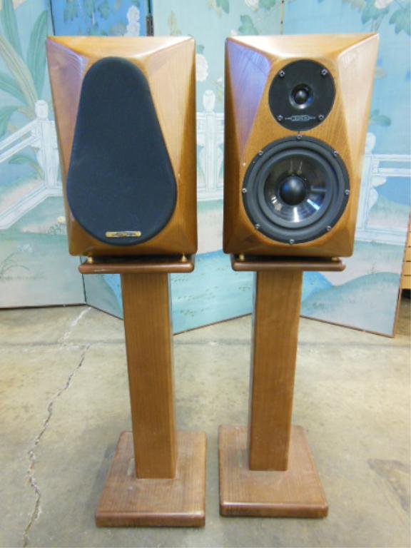 Pr Diapason Italian, Speakers, "Adamants II": Pair Diapason Italian made speakers, "Adamants II", model #1019B, solid teak wood with matching stands 24" tall, each, speakers 15" height each. CONDITION: One speaker cover missing.