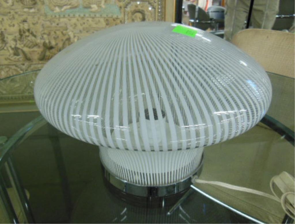 1960's Glass & Chrome Mushroom Lamp: 1960's glass & chrome base 8 1/2" x 12" mushroom table lamp. CONDITION: Minor wear on chrome.