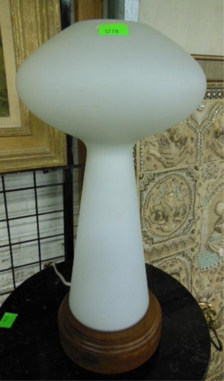 1960's Glass Mushroom Table Lamp: 1960's Frosted glass mushroom from 19" table lamp on wood base. CONDITION: No issues identified.