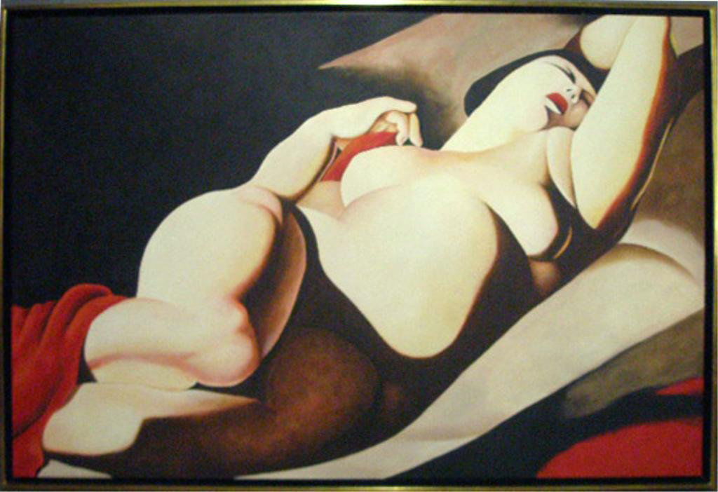 [After] Tamara de Lempicka: Unsigned [after Tamara de Lempicka], acrylic on canvas, "La Belle Rafaella". 58" height x 86" width = frame. CONDITION: No issues identified.