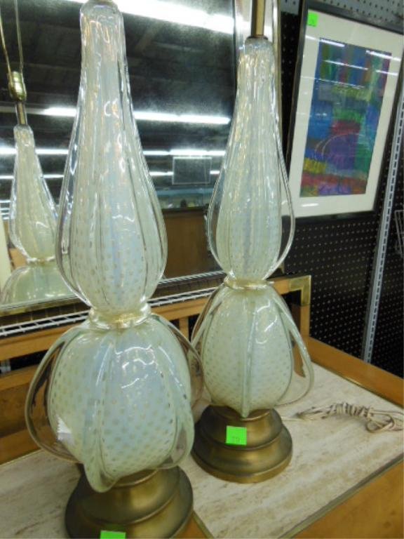 1960's Murano Opalescent Glass Lamps: Pr of 1960's opalescent & clear Murano glass 39" table lamps. CONDITION: No issues identified.