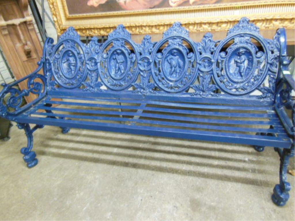 Cast Iron Garden Seating: Cast Iron garden seating, Victorian style 4 seasons castings, includes 4 seat settee & 2 seat settee, mid 20th c. mid 20th c. CONDITION: No issues identified.