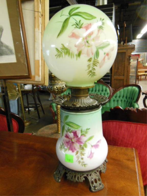 Gone-With-The-Wind Lamp: Late Victorian hand painted Gone-With-The-Wind lamp, 23" = height. CONDITION: Shade is an old replacement.