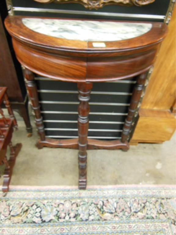 Hepplewhite-Style Console Table: Hepplewhite-style small-scale mixed wood and marble top console table, probably Chinese,mid 20th C. 32 3/4" = height 24 3/4" = width 12 1/8" = diameter CONDITION: Small areas of staining on wood / mar
