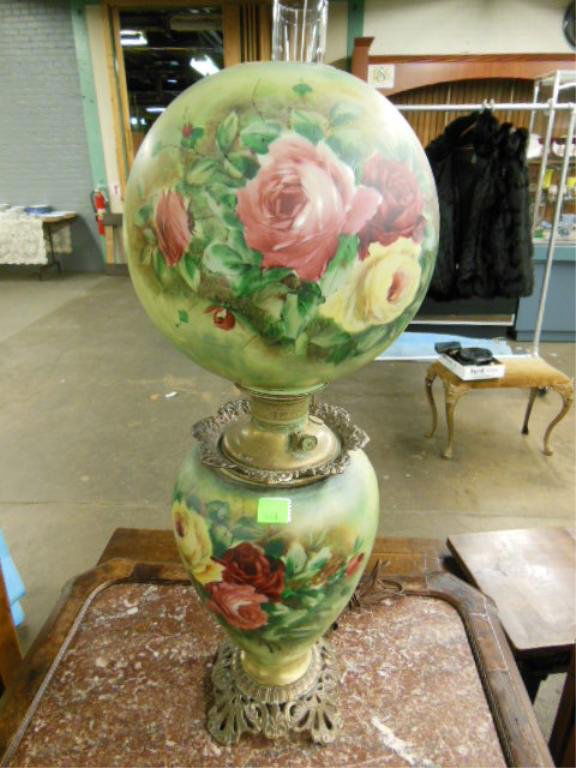 Gone-With-The-Wind Lamp: Late Victorian hand-painted Gone-with-the-Wind Lamp, c. 1900. 30 3/4"=H(to top of globe). CONDITION: Minor areas of rubbing of painted surfaces.