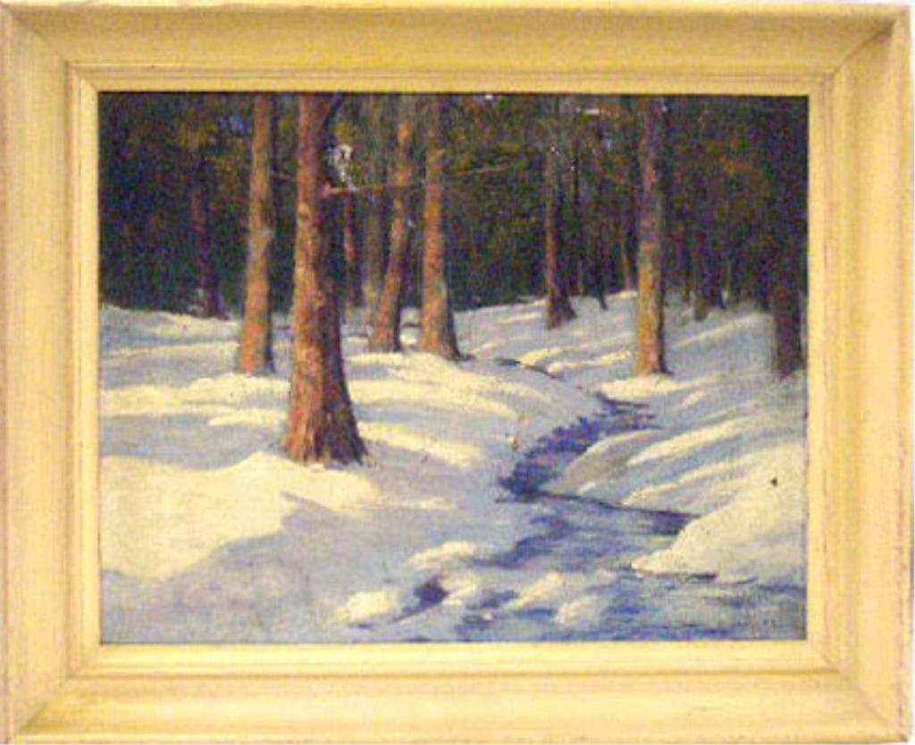 Stowell Sherman, o/c, Winter Landscape: Stowell B. Sherman, signed, oil on canvas, winter landscape with stream. 21" height x 25" width = frame CONDITION: No issues identified.