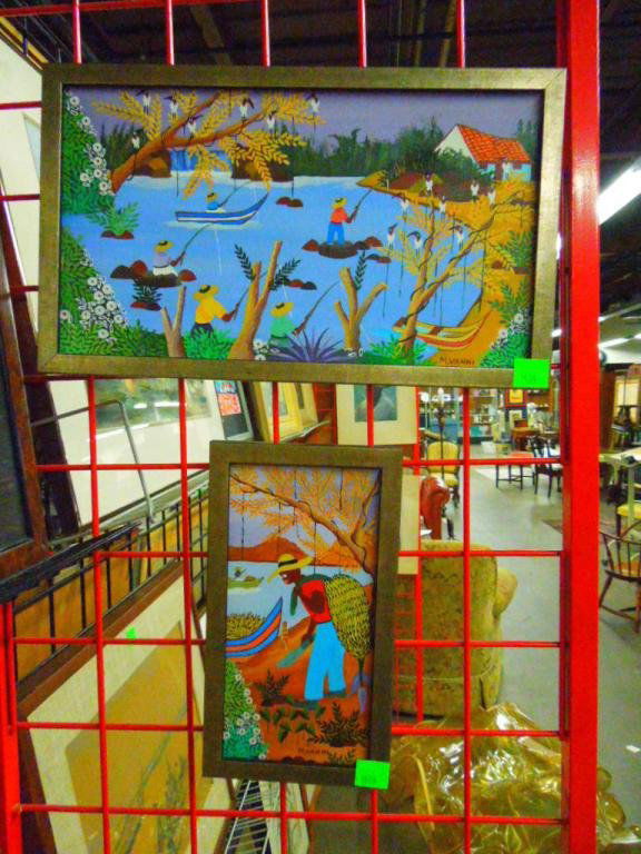 2 M. Vanni, Acrylic, Haitian Scenes: Two M. Vanni, signed, acrylic on canvas, Haitian scenes. 12 3/4" height x 7" width = frame (man with machete) 11" height x 18 1/2" width = frame (lake scene) CONDITION: No issues identified.