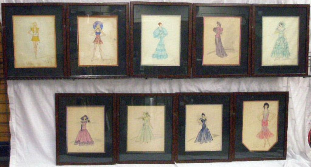 Suite, [9] Mabel Johnston Fashion Drawings: Suite, [9] Mabel Johnston, signed, watercolor over graphite, Fashion Drawings, 1920's-30's. 21 1/2"h x 17 1/4"w=frames. CONDITION: Not examined out of frame; light toning throughout.