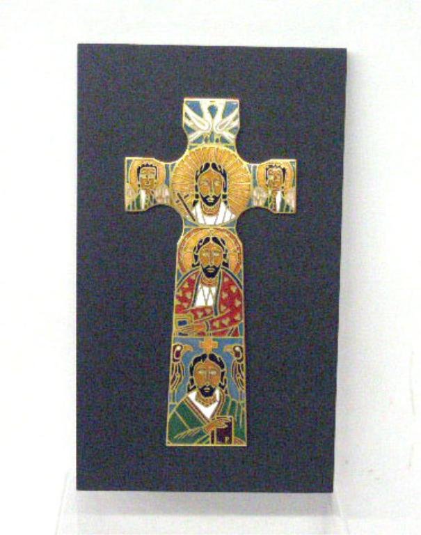 Miguel Pineda Enameled Copper Crucifix: Miguel Pineda signed 9 3/4" x 4 3/4" enameled copper crucifix "Cruz Visidoda", mounted on a 12 3/4" x 7 1/2" wood plaque. CONDITION: Very good with no damage.