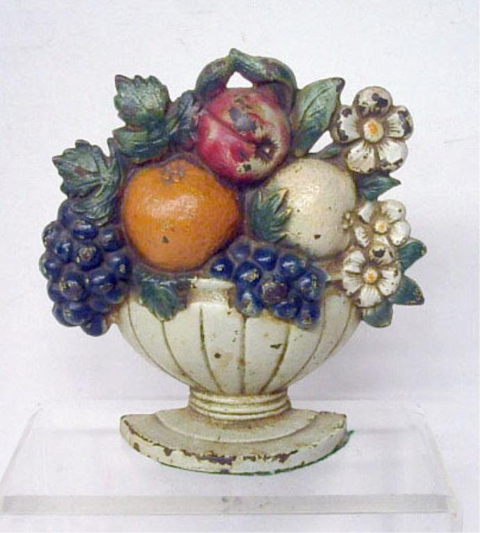 Hubley Cast Iron Fruit Bowl Doorstop: Hubley Mfg. Co. painted cast iron #456 Fruit Bowl 7" x 7" doorstop. CONDITION: Areas with paint loss & rust.