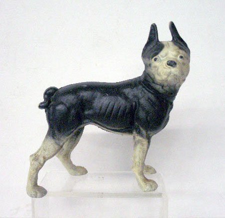 Hubley Cast Iron Boston Terrier Doorstop: Hubley Mfg. Co. painted cast iron Boston Terrier 9 3/4" x 9" doorstop. CONDITION: Areas with minor wear and loss.