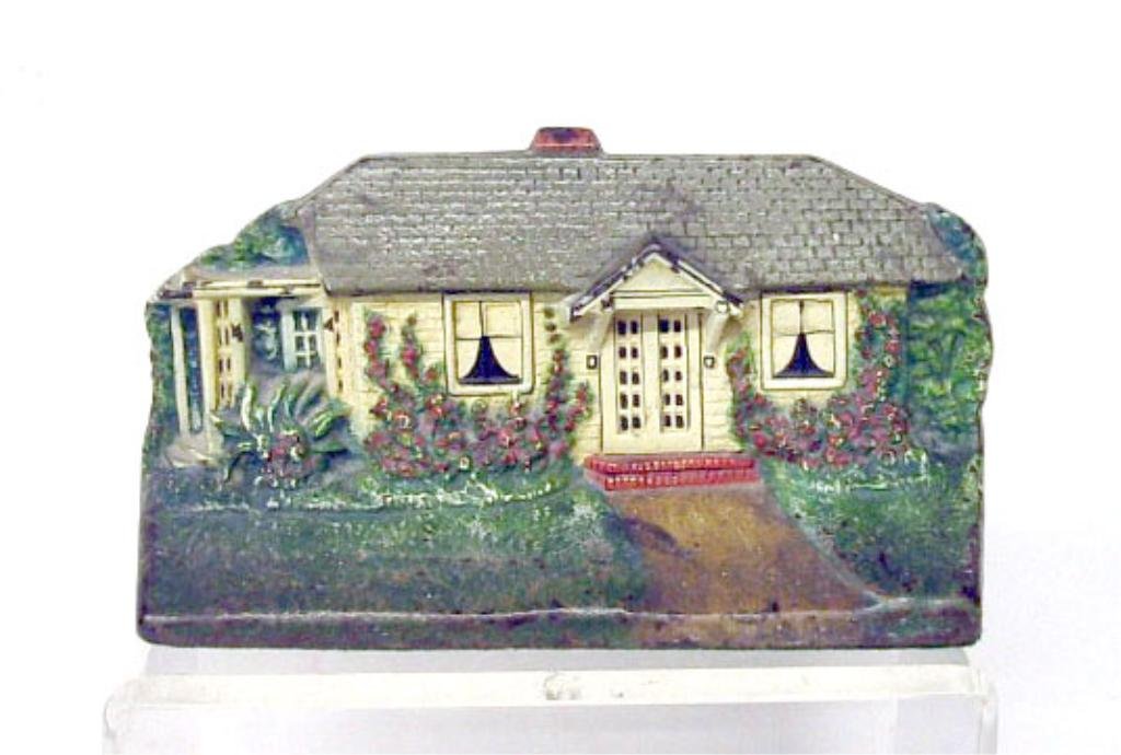 Judd Co. Cast Iron Cottage Doorstop: H.L. Judd Co. painted cast iron #1283 Cottage 4 1/2" x 8 1/8" doorstop. CONDITION: Areas with wear and paint loss.