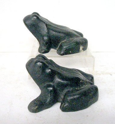 Cast Iron Full Figure Frog Doorstops: Pair of painted cast iron full figure frog 5" x 4 1/2" doorstops, unknown manufacturer. CONDITION: Both have areas with wear, paint loss and rust.