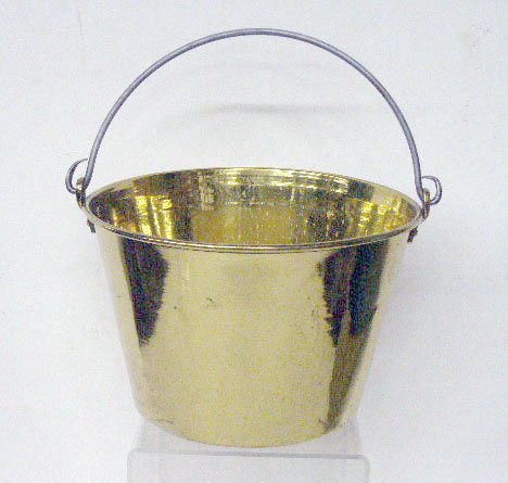 19th c. Brass Fire Bucket: 19th c. H. W. Haydens signed 8 1/4" x 12 1/2" brass fire bucket, copper rivets, forged metal handle. CONDITION: Areas with wear, dents and scratches on base.