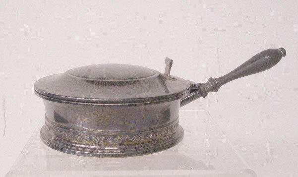 Watson Sterling Silver Silent Butler: The Watson Company sterling silver 2 1/2" x 10 1/4" 6 1/2" silent butler with wood handle, 15.4 troy ounces. CONDITION: Areas with wear, dented along base rim.