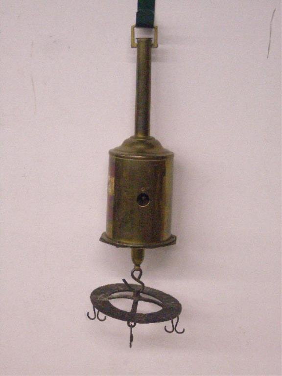 19th c. English Bottle Jack Spit Roaster: 19th c. Salter & Co. English brass & forged iron, 15" Bottle Jack spit roaster, with clockwork mechanism. CONDITION: Not known if mechanism works, areas with wear from usage.