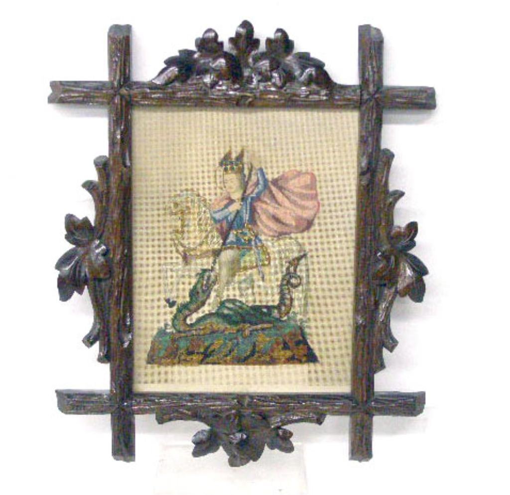 St. George Slaying The Dragon Petit Point: Framed 19th c. St. George Slaying The Dragon 11" x 8 1/2" petit point & beadwork panel, overall size framed is 17 1/4" x 13 3/4". CONDITION: Very good with no damage.