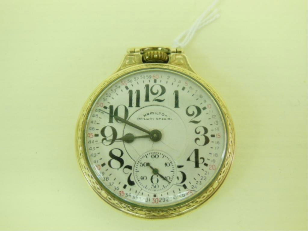 10k GF Hamilton Railway Special Pocket Watch: Hamilton Railway Special pocket watch, 10k gold filled face case; 21 jewel six position Adj. to temp. 40mm movement, model 992B, ser #46144599. [499] CONDITION: Currently running but not guaranteed sc