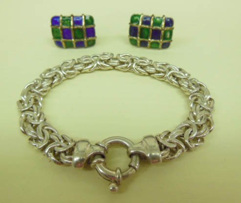 Sterling Bracelet & Cufflinks: Sterling bracelet and cufflinks, Byzantine link bracelet, 15.5 DWT, 7 1/2" length; cufflinks are gold washed sterling with blue and green enameled checker board squares, 10.5 DWT. CONDITION: V.G. norm