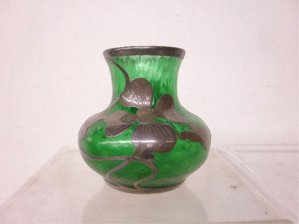 Antique Silver Overlay Art Glass Vase: Late 19th c. Loetz style art glass 4" vase with sterling silver floral overlay & top & bottom rims. [38] CONDITION: Very good with no damage.