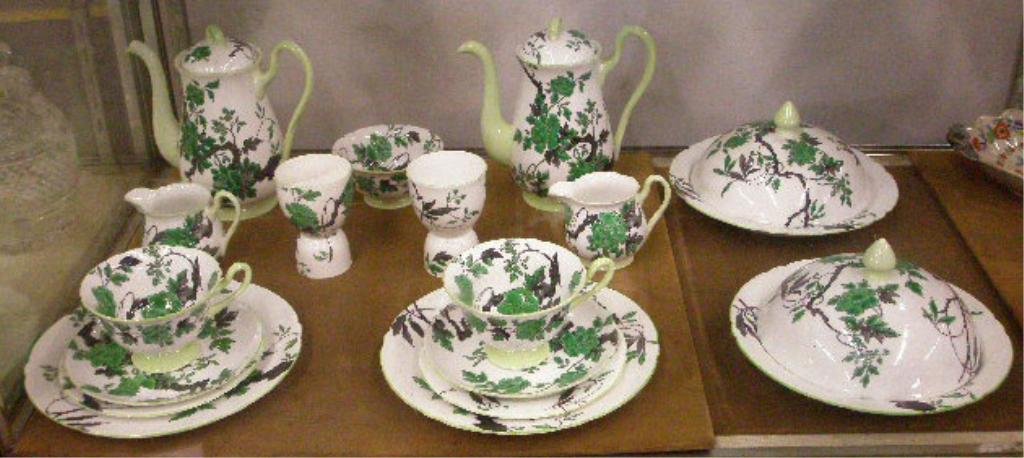 Shelley Chippendale Pattern Breakfast Set: Shelley bone china Chippendale pattern seventeen piece breakfast set, two 6 1/2" coffee pots, two 3" creamers, 4" open sugar bowl, two 3 3/4" egg cups, two 8 1/4" muffin dishes with lids, two 6 1/2" b