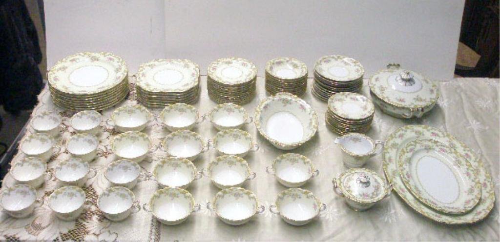 Noritake Floral Decorated China Set: Vintage Noritake floral decorated 88 piece china set, (8) 9 3/4" dinner plates, (7) 7 3/4" square cake plates, (12) 6 1/4" bread and butter plates, (11) 5 1/4" fruit bowls, (10) cups and saucers, (12)