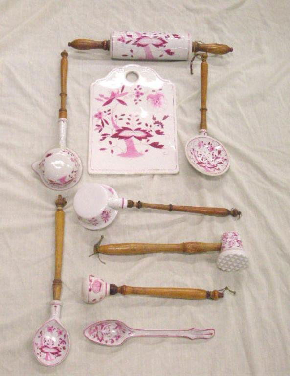 KPM Porcelain Kitchen Utensil Set: Nine piece antique KPM porcelain Pink Onion pattern kitchen utensil set. CONDITION: Very good with no damage.