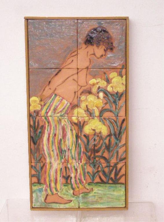 Thelma McCarthy Pottery Tile Plaque: Thelma McCarthy signed hand painted pottery eight section tile plaque set into wood frame, 4 3/4" x 4 3/4" tiles, overall size is 20" x 10". CONDITION: