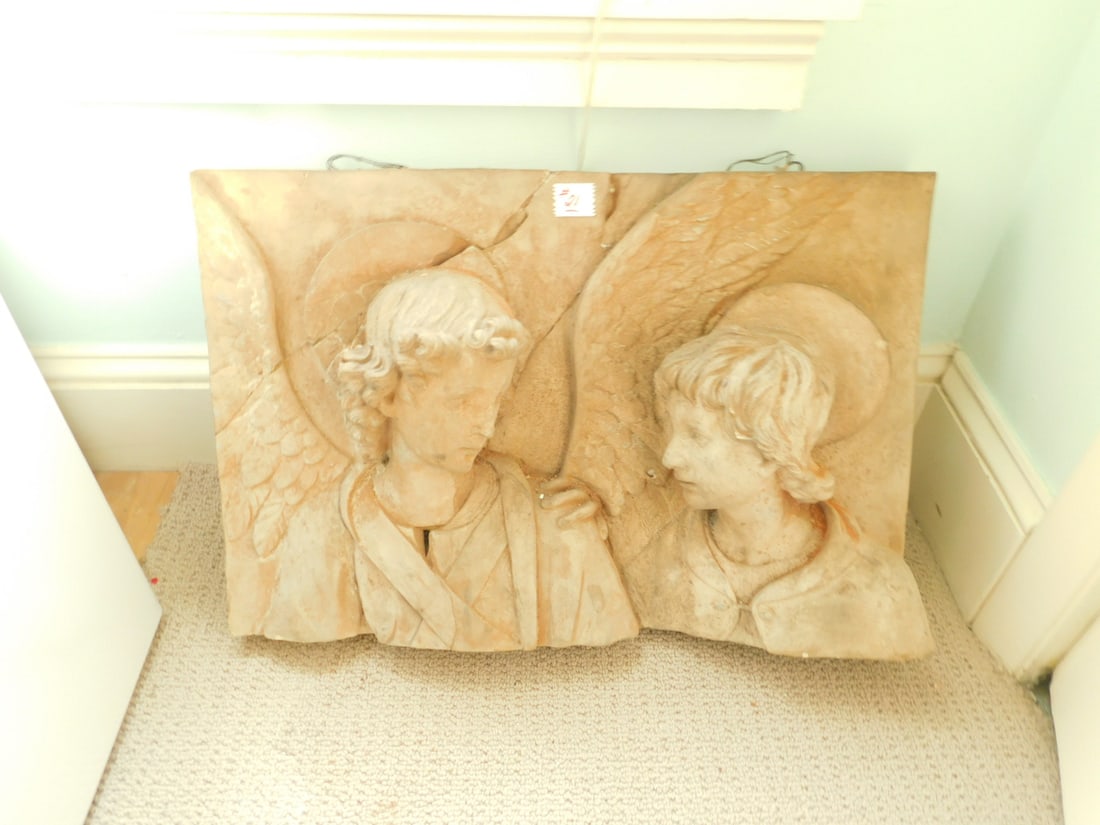 Cast Pottery Angel Plaque: Cast Pottery Angel Plaque, featuring Angel and Saint in cast high relief, no signature, 15 1/4" x 23 1/4", approximately 7 1/2"deep. CONDITION: Two crack from middle top, one down through angel halo a