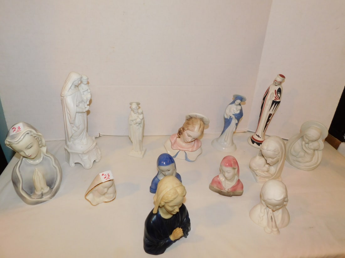 Madonna & Other Busts & Figures: Madonna and Other Busts and Figures, including: porcelain, Italy, Goldscheider, Jesus (Belgium), Goebel, etc. 3 1/2", plus resin L. Rucice (Italy), 7 1/2" and Redware L. Toya...(Mexico) 11 1/2" Madonn