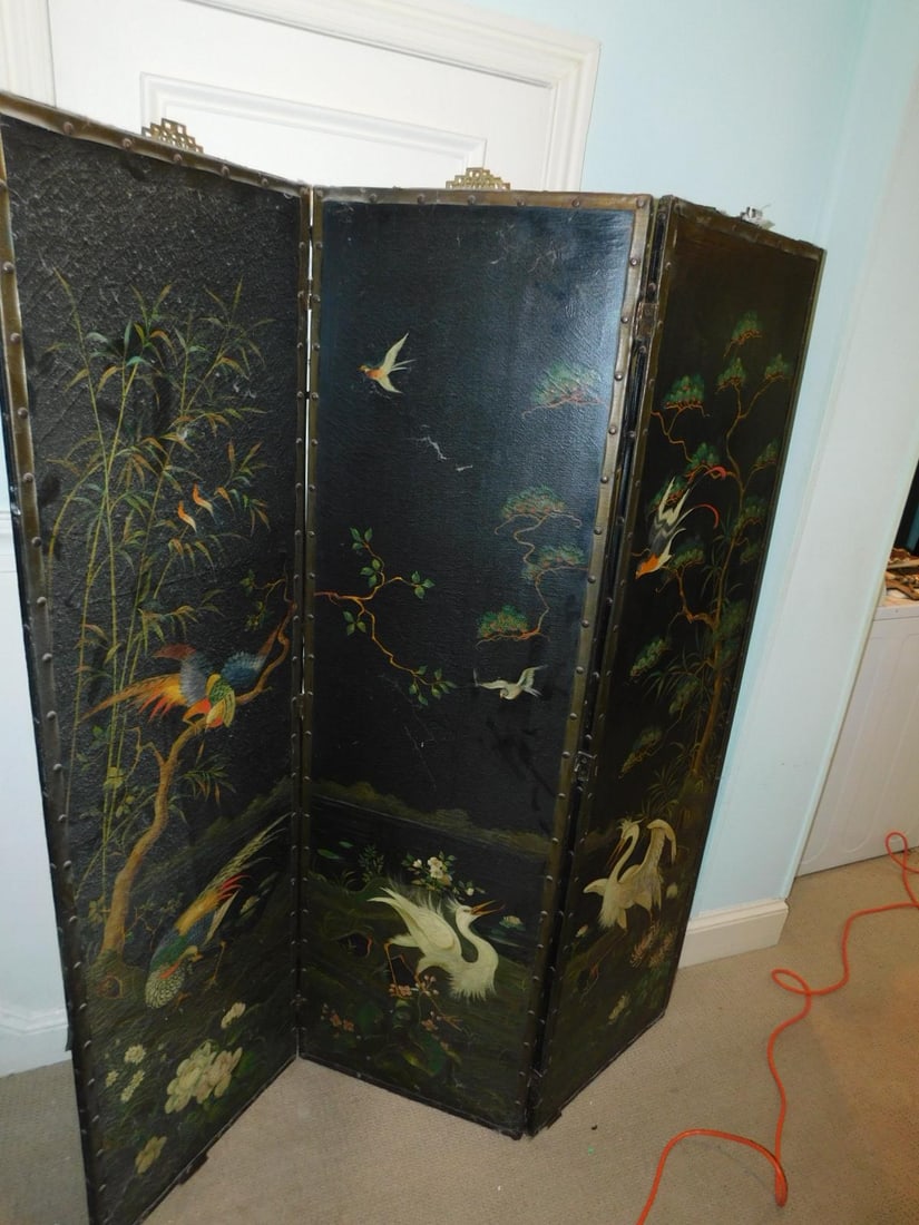 Dressing Screen: Dressing Screen, in three sections, black oil cloth with Japanesque style bird and floral landscape painting, tacked edges on wood frame, late 19th C, 20" each panel, 68 1/2"h. CONDITION: Some edge bi