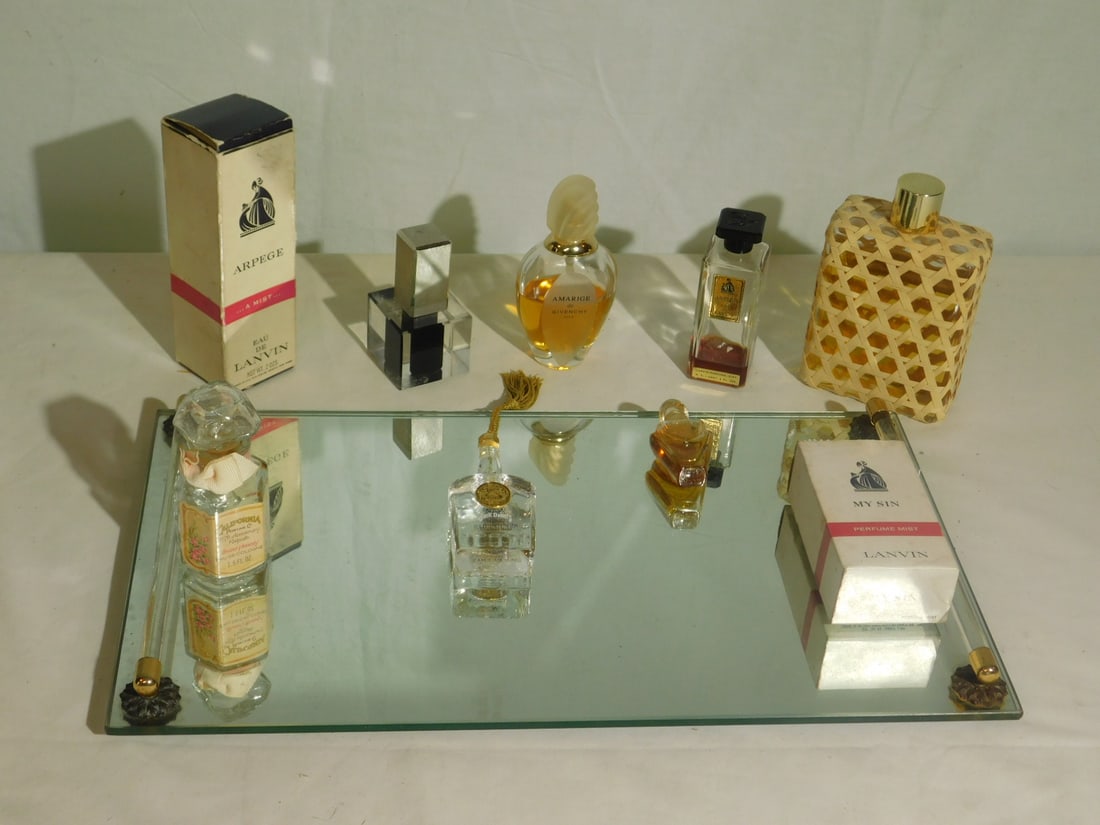 Perfume Group & Mirrored Tray: Perfume Group, includes: Lanvin Cartier design My Sin perfume mist in original box. No. 45; Lanvin -Arpege No. 807 mist in original box, Givenchy - Amarige perfume,Lancome - Magie Noire perfume, plus