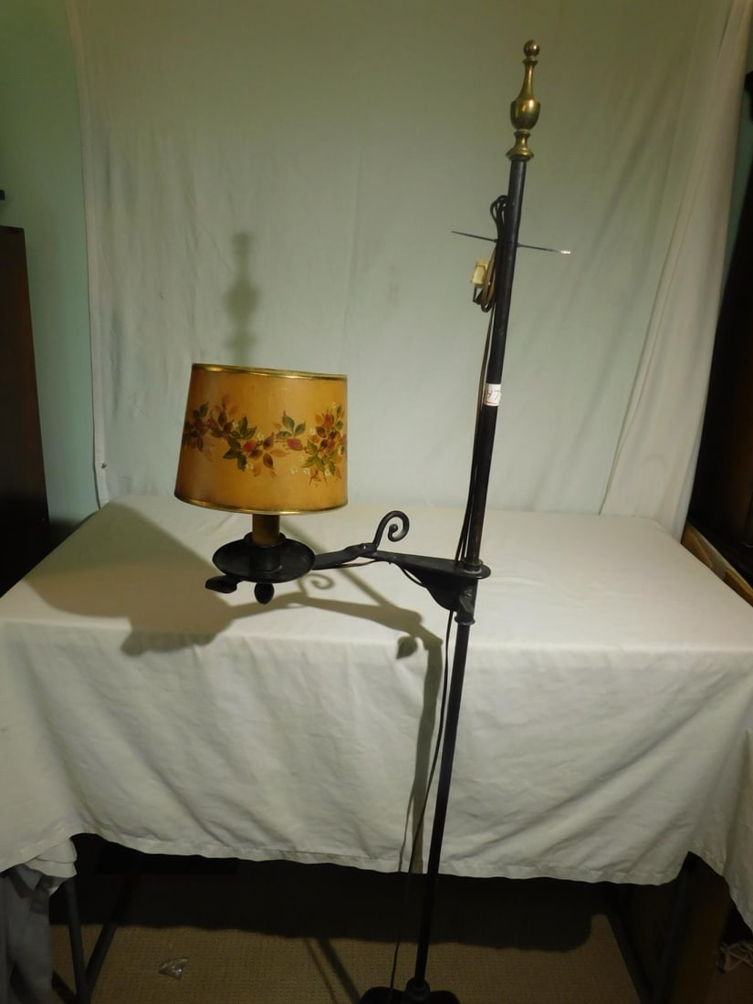 Bridge Lamp: Bridge Lamp, wrought iron with brass finial and painted paper shade, adjustable height, swing arm, early 20th C, 65 1/2"h. CONDITION: Good. Working.
