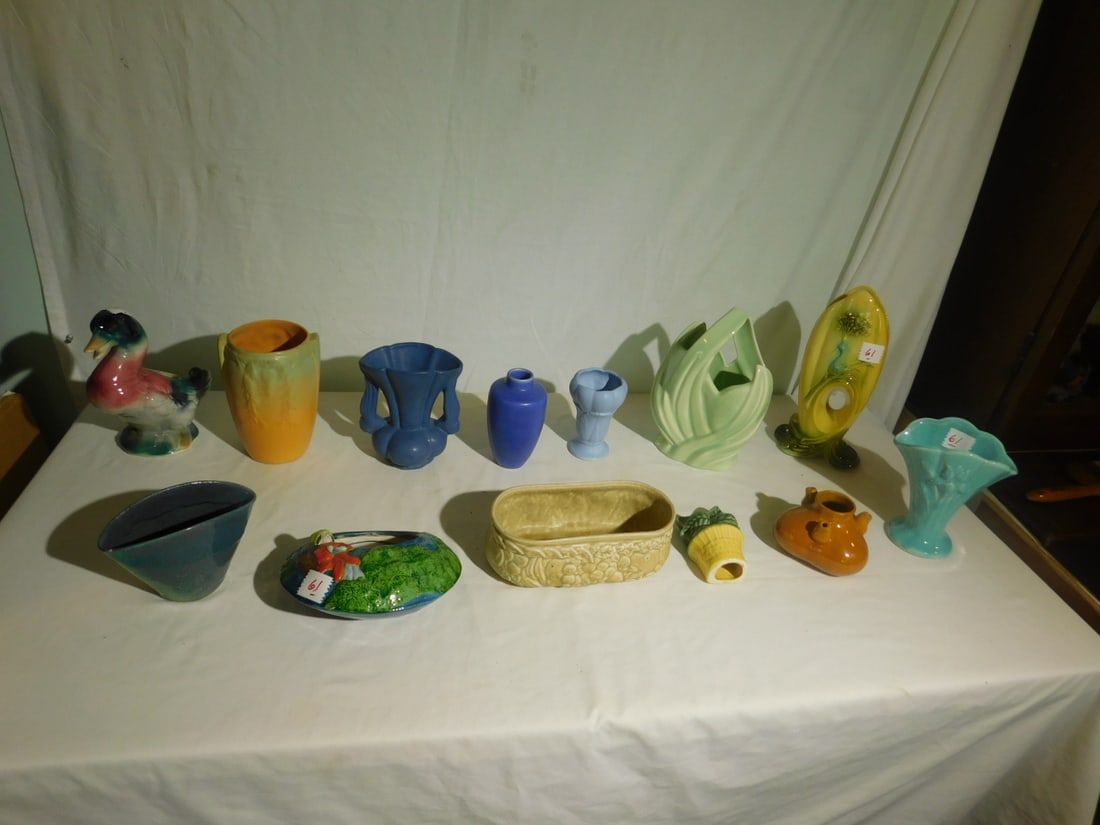 14 Pottery Planters / Vases: Fourteen Pottery Planters / Vases, includes: Niloak 6' blue vase, West Coast 9 1/2" green basket, North State 4" blue; Japanese hanging planter; duck, etc, many pieces unmarked, from 3 1/2" to 10 3/4'