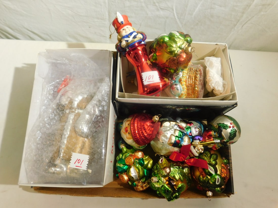 Vintage Glass Christmas Ornaments: Vintage Glass Christmas Ornaments, Dept. 56 and other, various designs and sizes. CONDITION: Good, may have minor wear.
