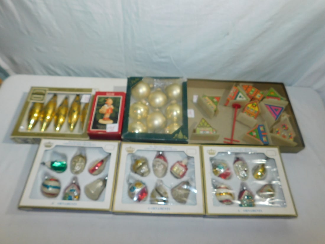 Vintage Ornament Set in Boxes: Vintage Ornament Set in Boxes, including: Schmid, Hummel style figure, three Sears "The Imperial Collection" ornament sets and two others, plus houses for string of lights (no light string, no box). C