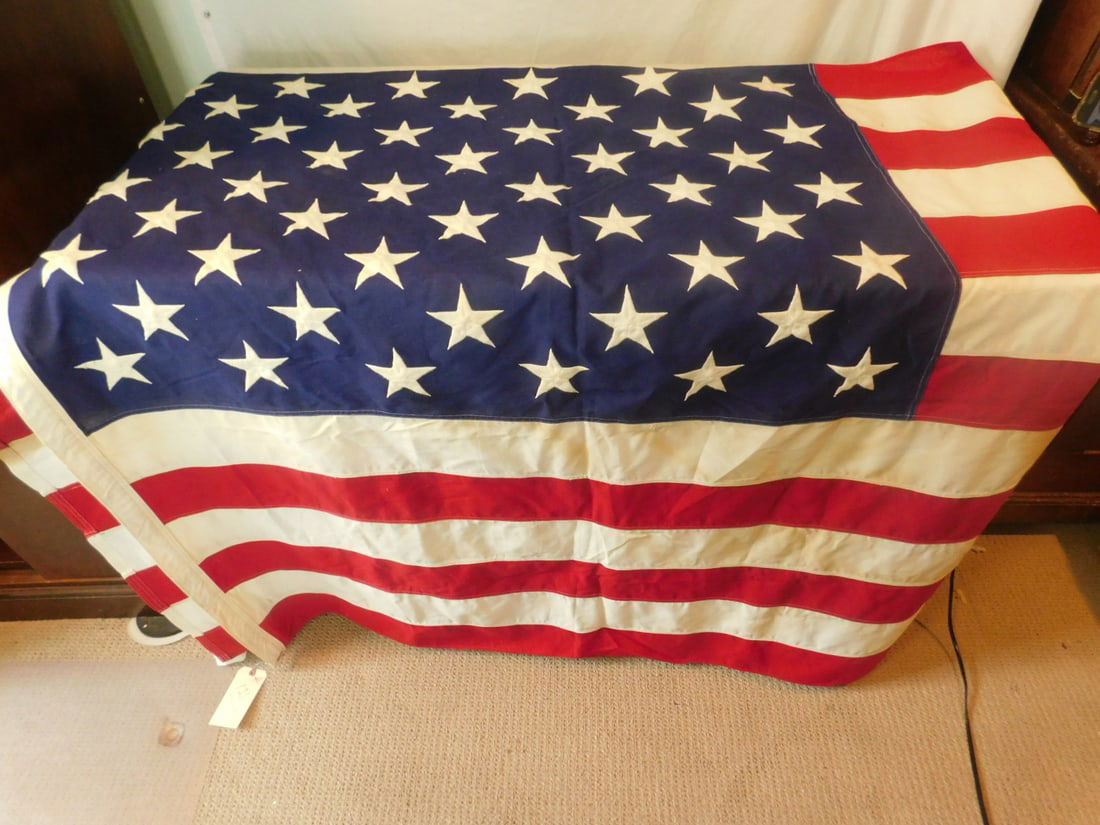 Large 50 Star U.S. Flag: Large 50 Star U.S. Flag, American male, cotton banting, 20th C., 104" x 54'. CONDITION: Very fine.