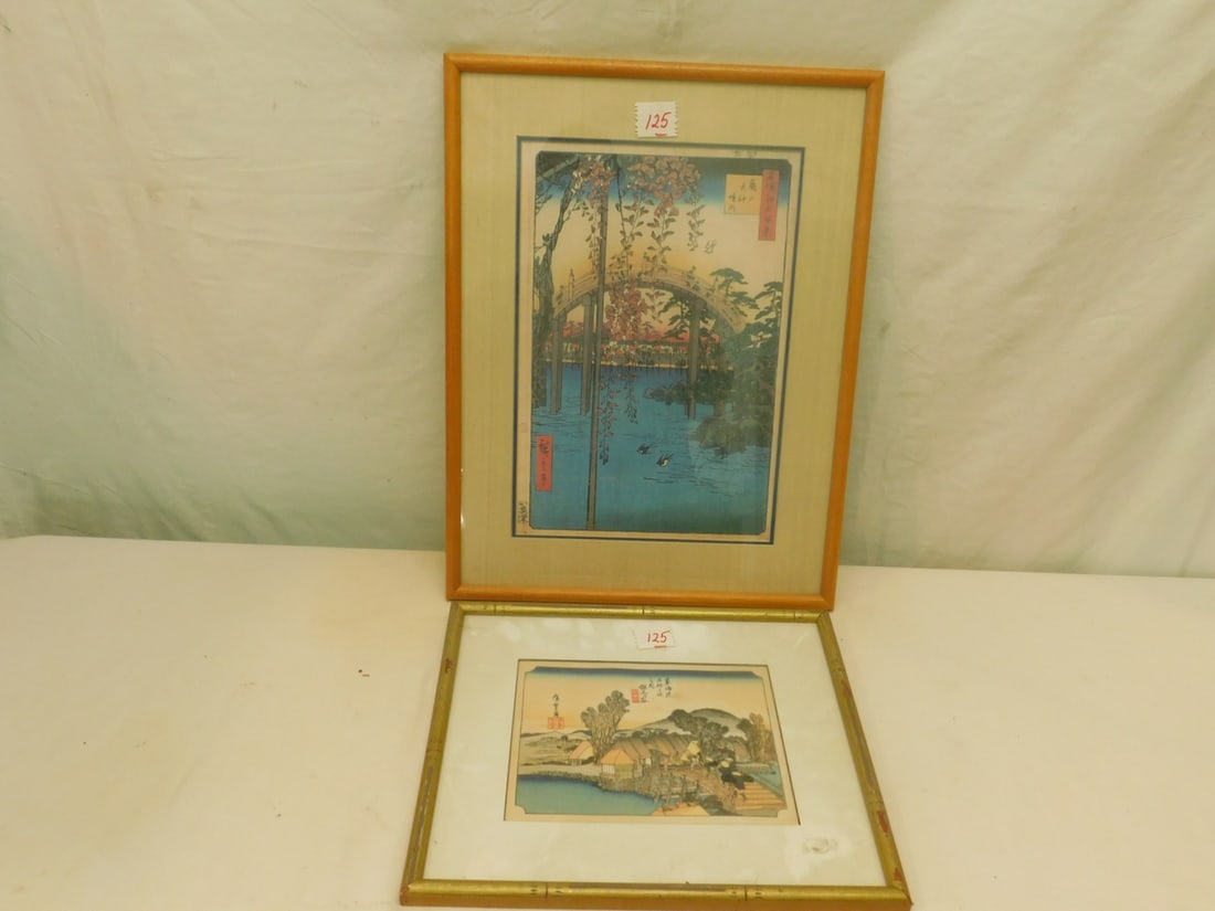 2 Japanese Woodblock Print: Two Japanese Woodblock Print, includes: two Utagawa Hiroshige - scenery of Goyu 10 1/2" x 12 1/2" and Wisteria Park 17 1/2" x 13 1/4", both matted in wood frames, 19th / 20th C. CONDITION: Park with l