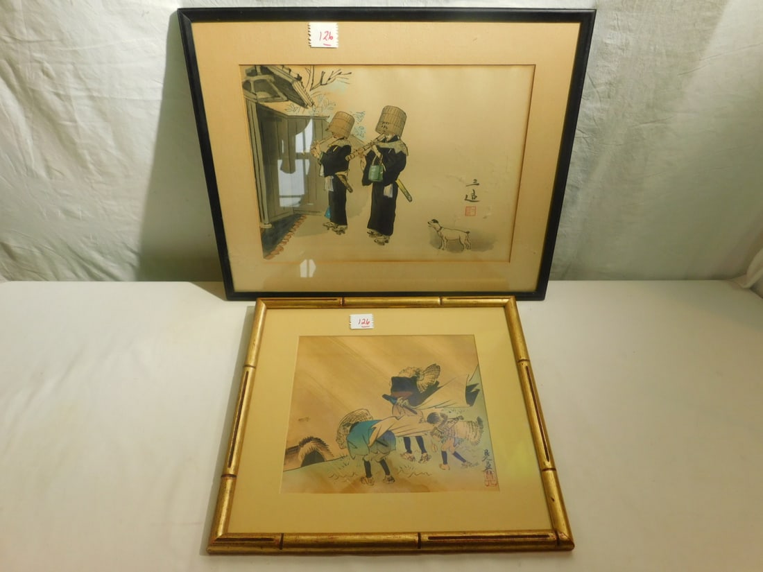 2 Japanese Woodblock Print: Two Japanese Woodblock Print, includes: Shibata Zeshin - travellers in a storn 13 1/2" x 14 1/2" and Wada Sanzo Komuso - Flute players, 15 1/4" x 18 1/2", matted in wood frames, 19th / 20th C. CONDITI