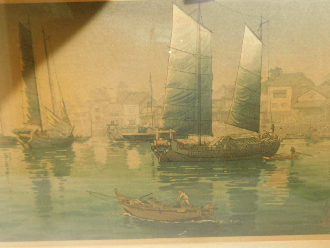 Japanese Woodblock Print: Japanese Woodblock Print, Tsuchiya Koitsu - Akashi Harbor, matted in wood frame, 19th / 20th C, 17" x 20 3/4". CONDITION: Very good. Not examined out of frame.