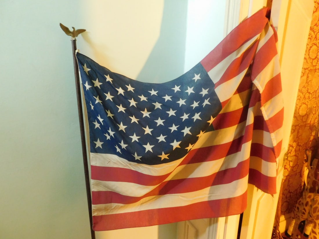 American Flags: American Flags, includes: 67" Eagle crested pole with fifty star flag 34" x 54" and two nylons 3' x 5'. CONDITION: Very good.