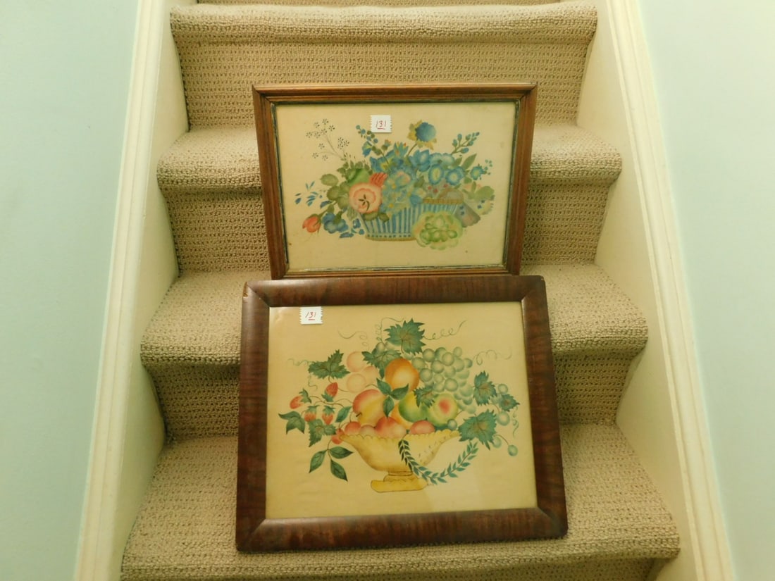 2 Theorem Paintings: Two Theorem Paintings, both framed with homemade stencils on velveteen? from original paintings by E. Daveler 16 3/4' x 13" and 18" x 14 1/2". CONDITION: Bigger frame has some minor wood loss on frame