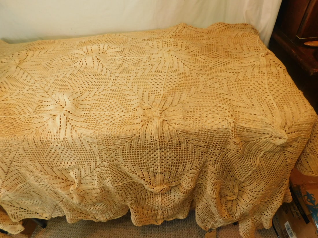 Vintage Brown Lace Bedspread: Vintage Brown Lace Bedspread, open work squares in brown lace, 72" x 96". CONDITION: No visible tears in lace.