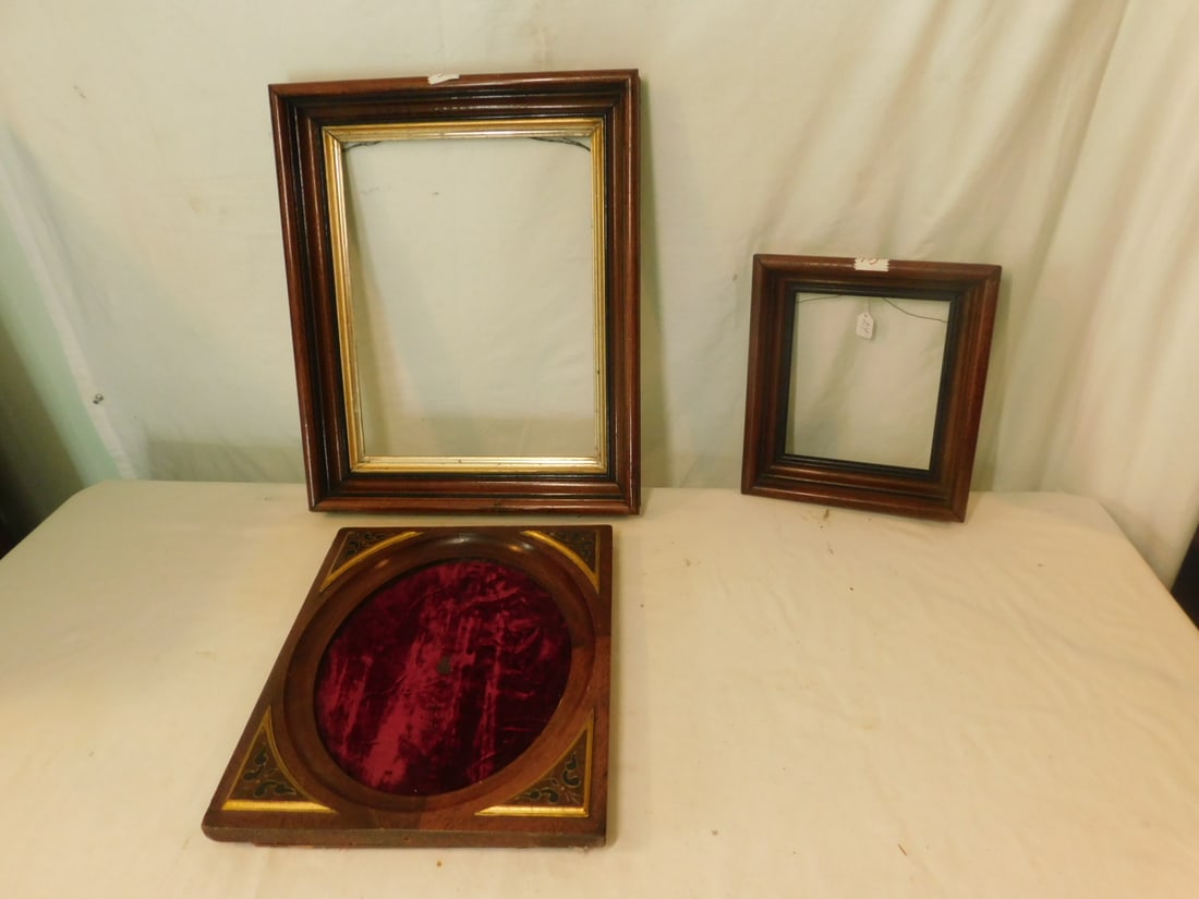 Deep Walnut & Other Frames: Deep Walnut and Other Frames, including: two deep walnut frames, 9 1/4" x 10 1/4" with a 6 3/8" x 7 3/8" image site and 14 5/8" x 17 3/4" with an 11" x 14" image site, plus one walnut frame, lined flo