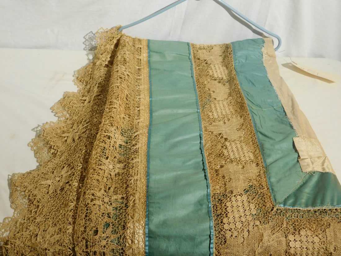 Satin & Crocheted Table Cover: Satin and Crocheted Table Cover, blue satin with, grapes, leaves and floral decoration 66" x 74". CONDITION: Minor wear may have minor tears.