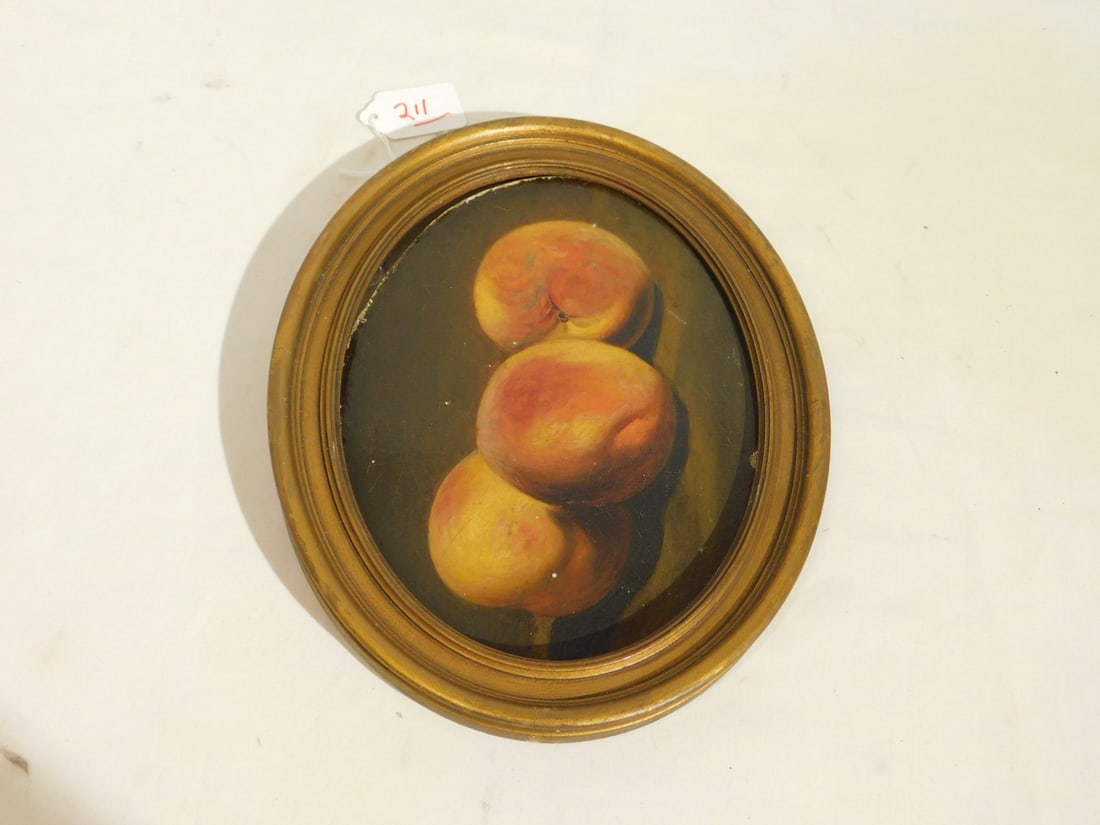 19th C Peaches Painting: 19th C Peaches Painting, unsigned, oil on art board, "Three Peaches", gilt wood oval frame 8" x 10", late 19th C. CONDITION: Light crazing, some spot losses.