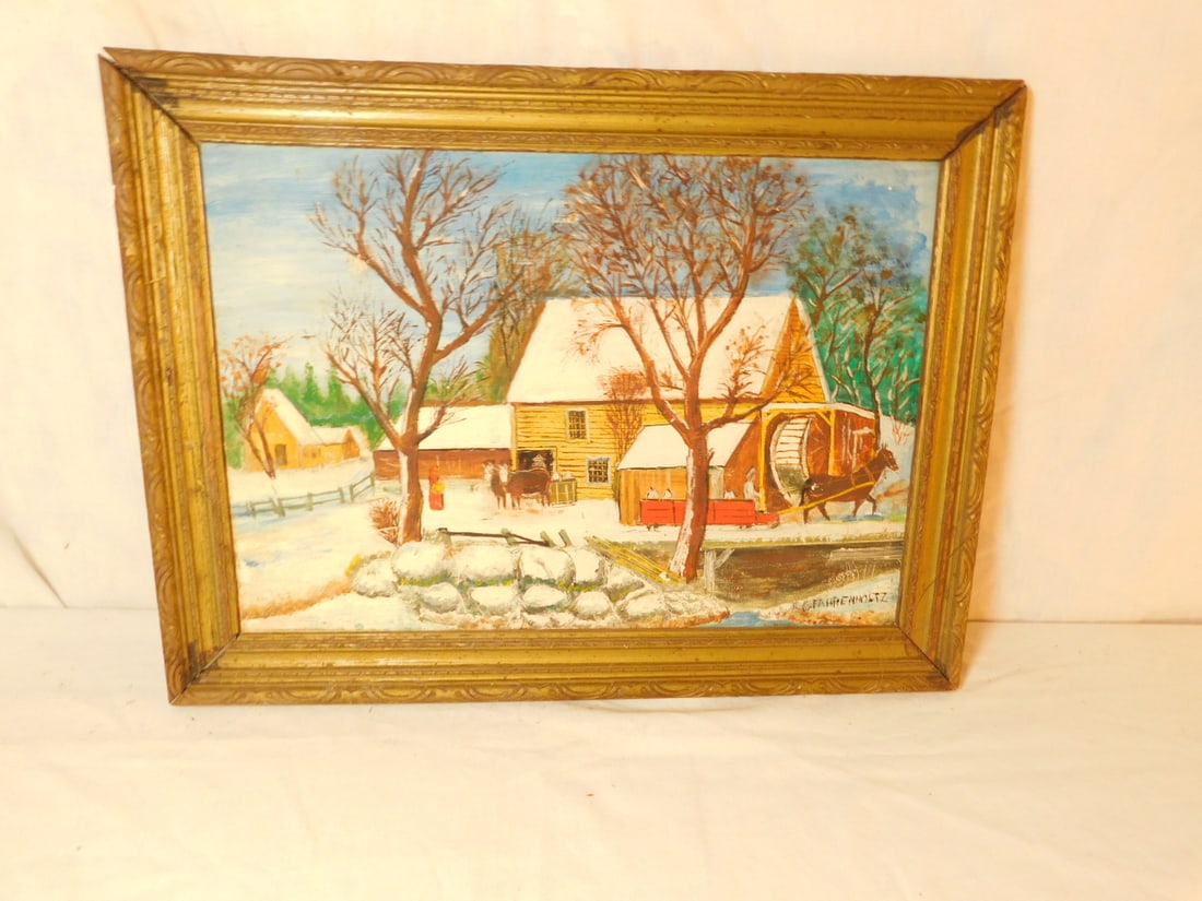 E.G. Fahrenholtz Farm Painting: E.G. Fahrenholtz Farm Painting, gouache on masonite panel, farm scene with horse drawn sled, cows, etc. gold wood frame 13" x 17", mid 20th C. CONDITION: Good.